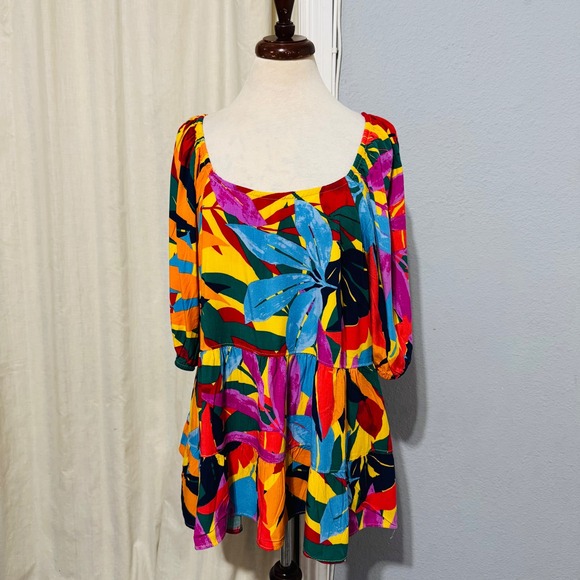 Terra & Sky Tops - Terra Sky Women's Tropical Leaf Print Tiered Ruffle Off the Shoulder Tunic 2X